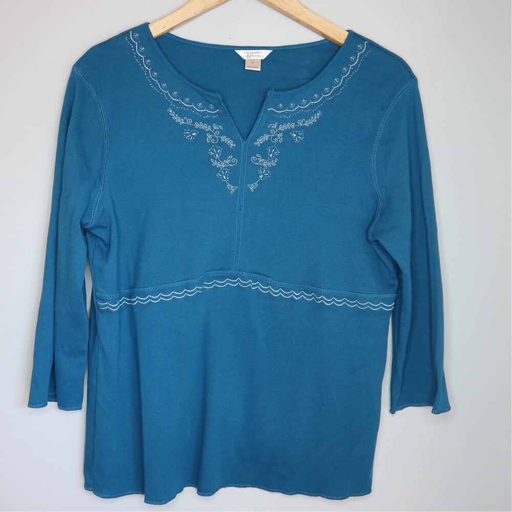 Christopher Banks Teal Embroidered Split Neck Top Size L Boho Cottagecore